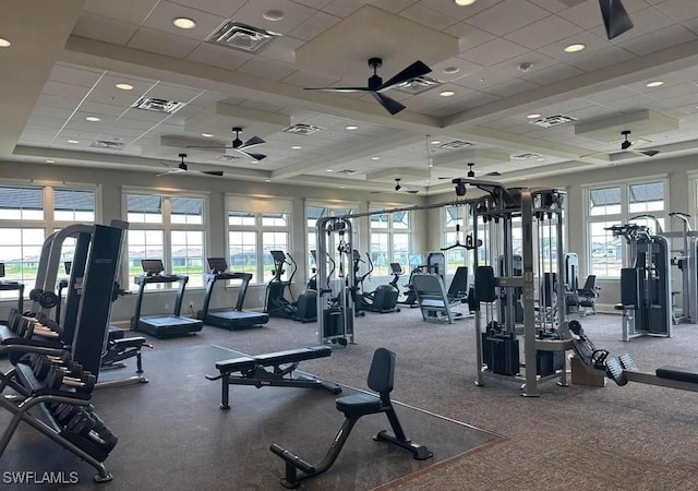 gym featuring a paneled ceiling and a wealth of natural light