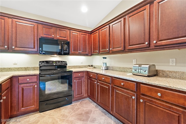 kitchen with lofted ceiling, light stone countertops, black appliances, and light tile patterned floors