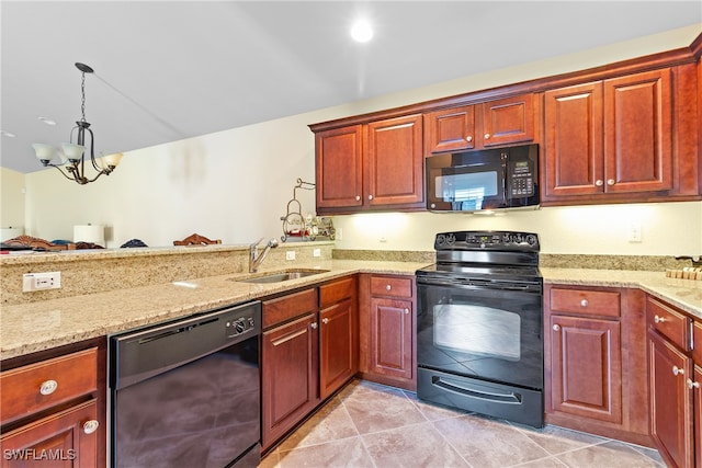 kitchen featuring an inviting chandelier, light stone countertops, black appliances, sink, and decorative light fixtures