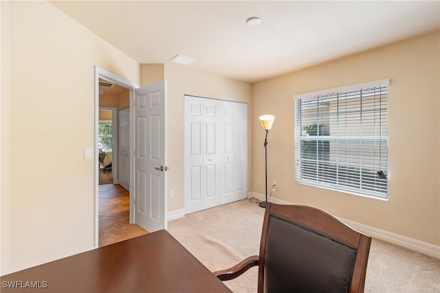 view of carpeted home office