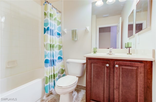 full bathroom featuring vanity, shower / tub combo with curtain, toilet, and tile patterned floors