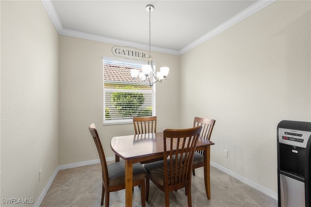 dining space featuring crown molding, an inviting chandelier, and light tile patterned floors