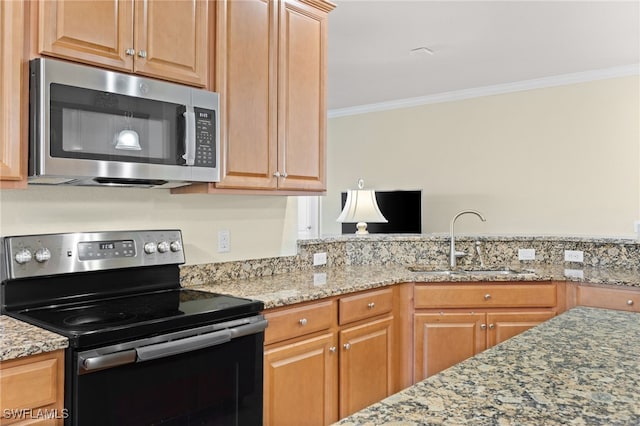 kitchen featuring light stone countertops, sink, appliances with stainless steel finishes, and ornamental molding