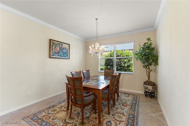 tiled dining space with ornamental molding and a notable chandelier