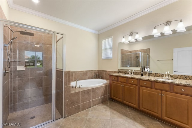 bathroom with plus walk in shower, ornamental molding, tile patterned flooring, and vanity