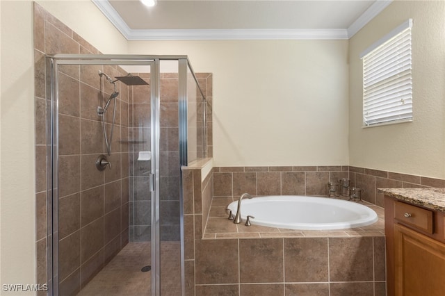 bathroom with shower with separate bathtub, vanity, and crown molding