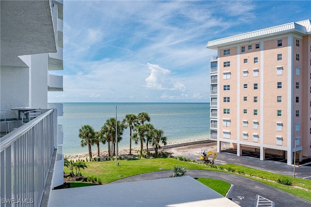 view of water feature with a beach view