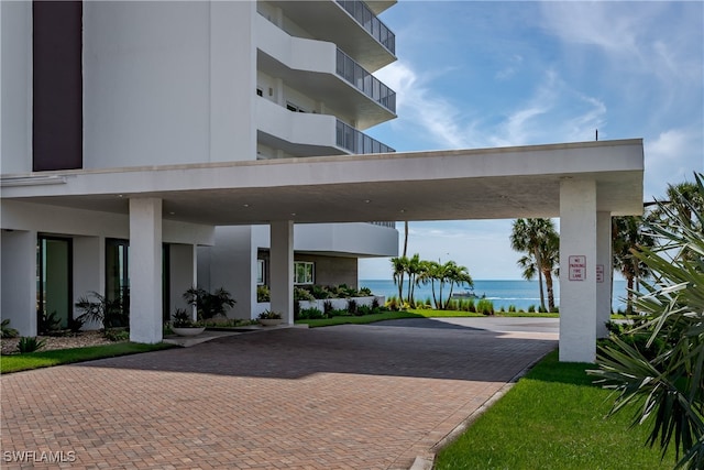 exterior space featuring a water view