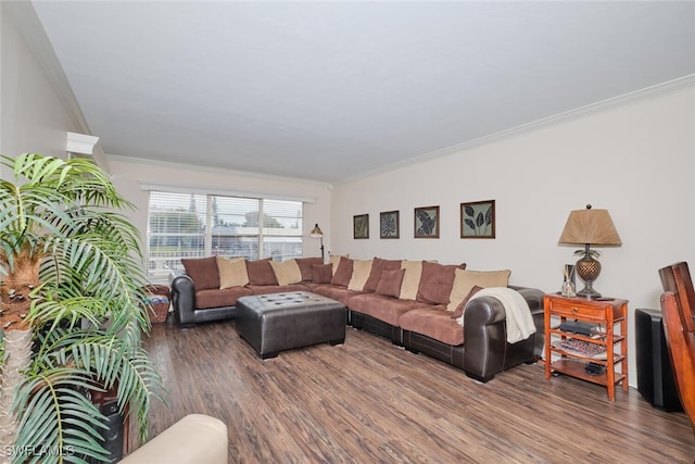 living area with crown molding and wood finished floors