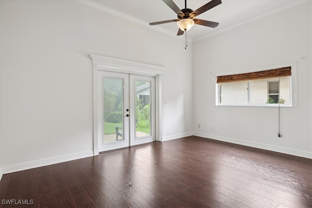 unfurnished room with french doors, ceiling fan, ornamental molding, and dark hardwood / wood-style flooring