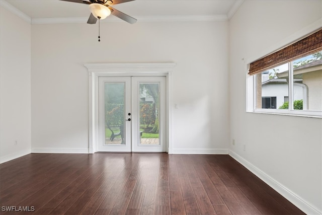 unfurnished room featuring french doors, crown molding, and dark hardwood / wood-style flooring