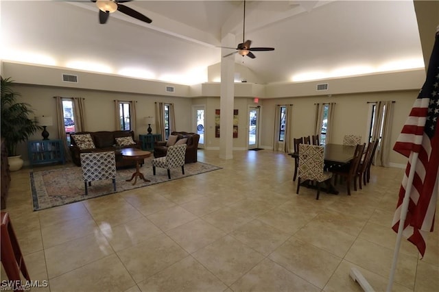 interior space featuring vaulted ceiling and ceiling fan