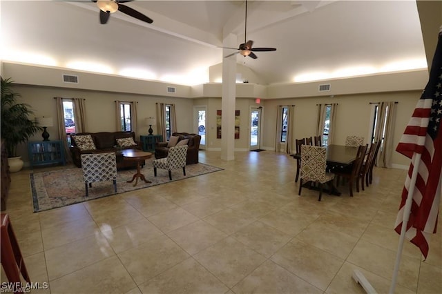 15621 Red Fox Run, Fort Myers, FL 33912 - living area with ceiling fan, plenty of natural light, and high vaulted ceiling