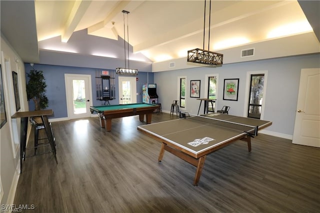 game room featuring beam ceiling, pool table, dark hardwood / wood-style flooring, and a wealth of natural light