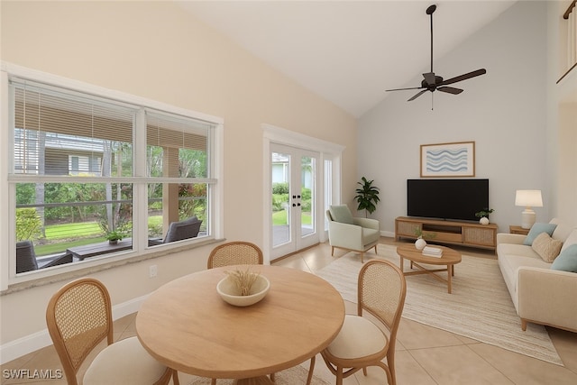 15621 Red Fox Run, Fort Myers, FL 33912 - dining area with light tile patterned flooring, ceiling fan, french doors, and high vaulted ceiling