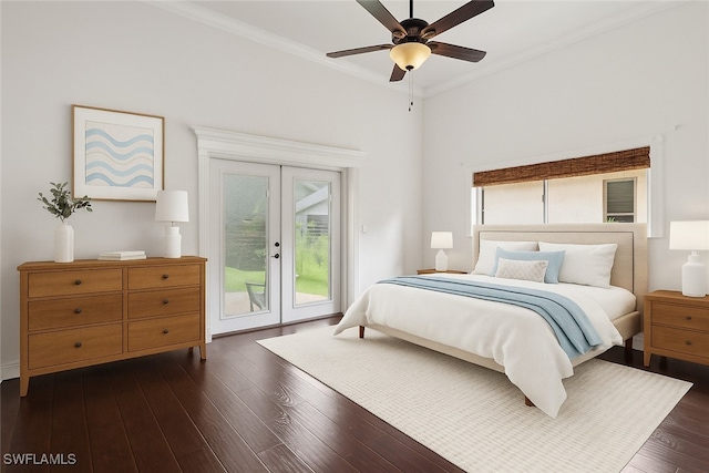 15621 Red Fox Run, Fort Myers, FL 33912 - bedroom with access to exterior, french doors, crown molding, dark wood-style floors, and a ceiling fan