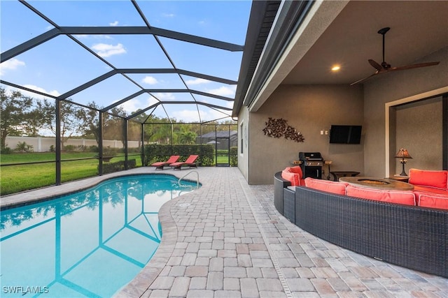12917 Hadley Ct, Fort Myers, FL 33913 - swimming pool with a patio area, outdoor lounge area, a grill, and a ceiling fan