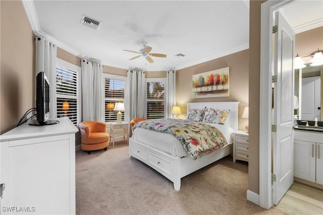 12917 Hadley Ct, Fort Myers, FL 33913 - bedroom with crown molding, light colored carpet, a sink, and ceiling fan