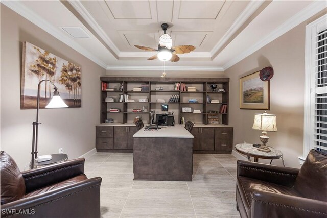 12917 Hadley Ct, Fort Myers, FL 33913 - home office featuring a raised ceiling, a ceiling fan, crown molding, light tile patterned flooring, and baseboards