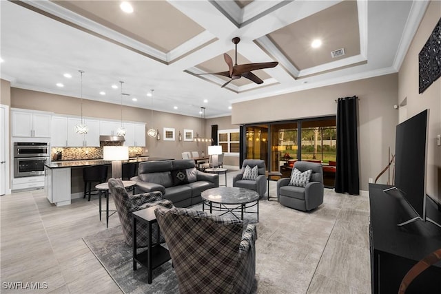 living room featuring visible vents, coffered ceiling, and crown molding