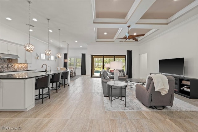 12917 Hadley Ct, Fort Myers, FL 33913 - living room featuring crown molding, a ceiling fan, recessed lighting, and coffered ceiling