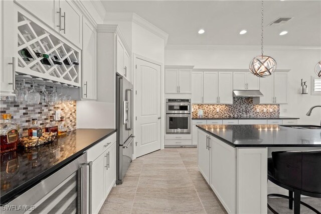 12917 Hadley Ct, Fort Myers, FL 33913 - kitchen with under cabinet range hood, a sink, wine cooler, dark countertops, and crown molding