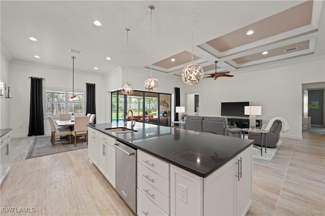12917 Hadley Ct, Fort Myers, FL 33913 - kitchen with a sink, dark countertops, a chandelier, dishwasher, and an island with sink