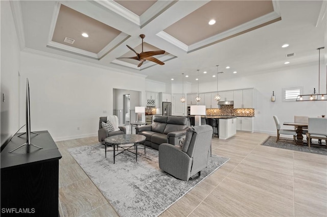 12917 Hadley Ct, Fort Myers, FL 33913 - living room featuring a ceiling fan, light tile patterned flooring, recessed lighting, ornamental molding, and coffered ceiling
