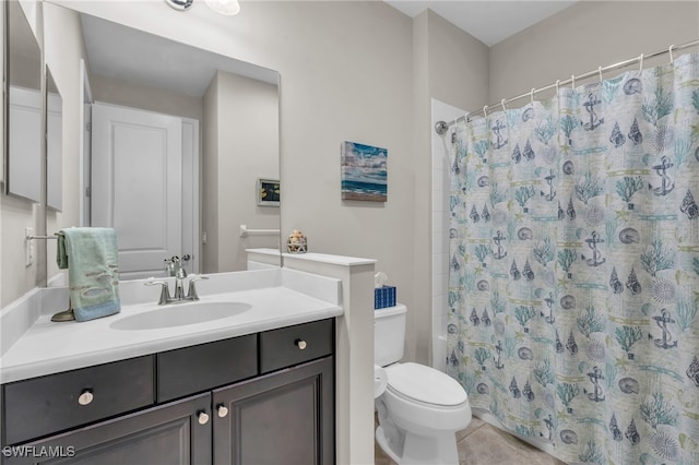 full bathroom with vanity, shower / tub combo with curtain, toilet, and tile patterned floors