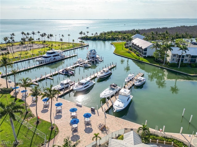 birds eye view of property featuring a water view