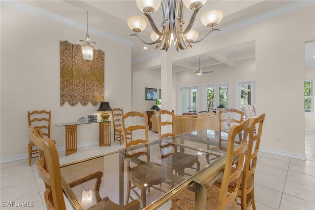 tiled dining space featuring ceiling fan with notable chandelier and beamed ceiling