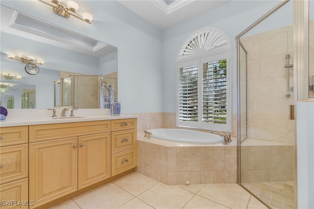 bathroom featuring shower with separate bathtub, tile patterned flooring, vanity, and ornamental molding