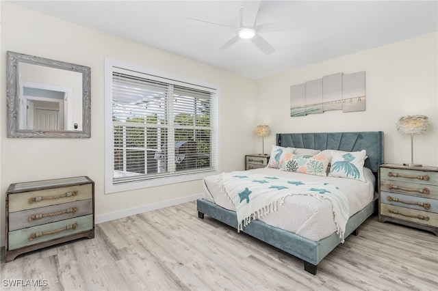 bedroom featuring light hardwood / wood-style floors and ceiling fan