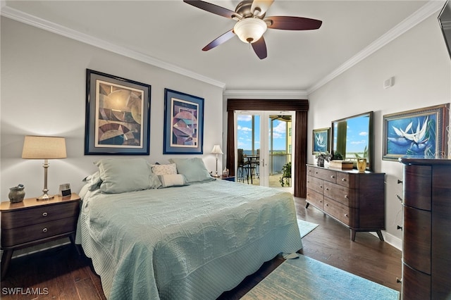 bedroom featuring ceiling fan, ornamental molding, dark hardwood / wood-style flooring, and access to exterior