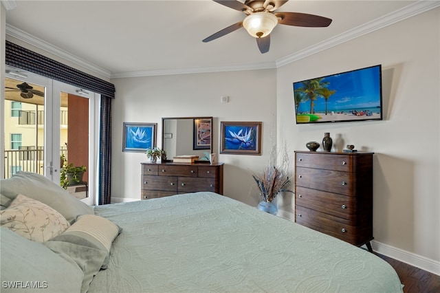 bedroom with ceiling fan, hardwood / wood-style flooring, ornamental molding, and access to exterior