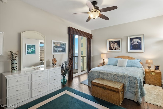 bedroom featuring dark hardwood / wood-style floors and ceiling fan