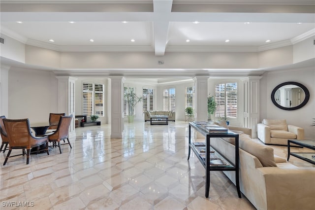 living room featuring crown molding, beamed ceiling, coffered ceiling, and decorative columns