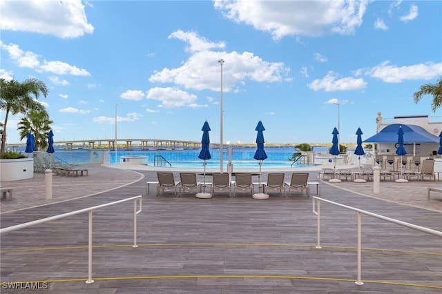 view of pool featuring a water view