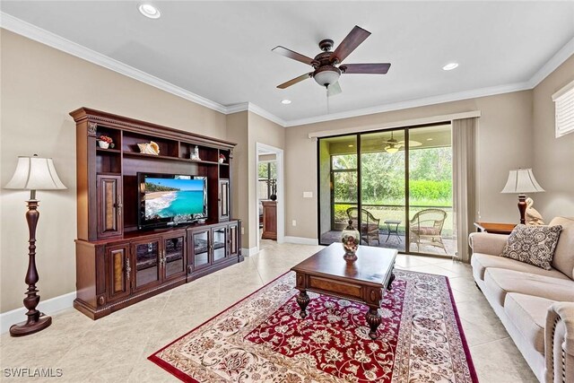 7638 Jacaranda Ln, Naples, FL 34114 - living room with crown molding, tile patterned flooring, baseboards, ceiling fan, and recessed lighting