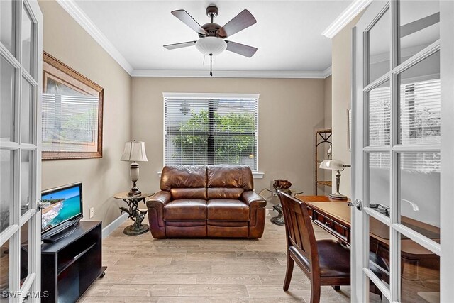 7638 Jacaranda Ln, Naples, FL 34114 - office with baseboards, ornamental molding, light wood-style floors, and a ceiling fan