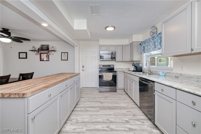 kitchen featuring light hardwood / wood-style floors, sink, appliances with stainless steel finishes, ceiling fan, and butcher block countertops