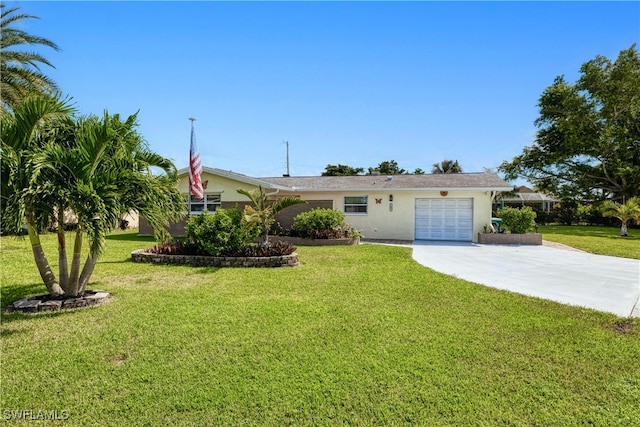 ranch-style home with a garage and a front lawn