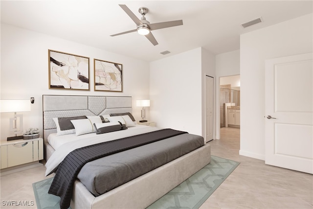 bedroom with ensuite bath and ceiling fan