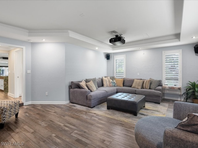 living room featuring a tray ceiling and hardwood / wood-style flooring