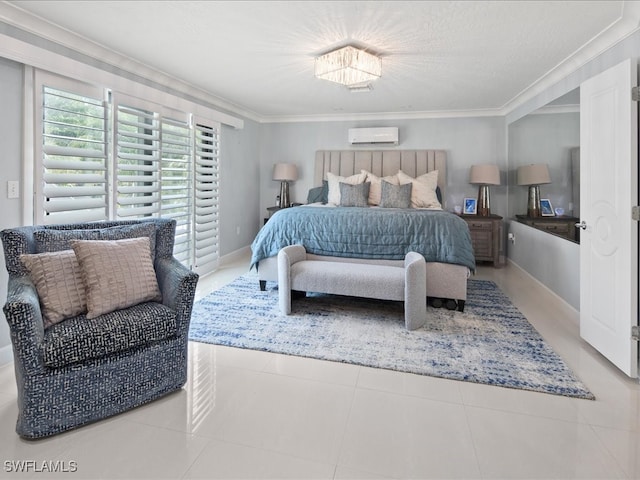 tiled bedroom featuring ornamental molding and a wall mounted air conditioner