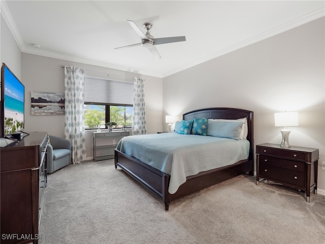 bedroom with light carpet, ceiling fan, and ornamental molding