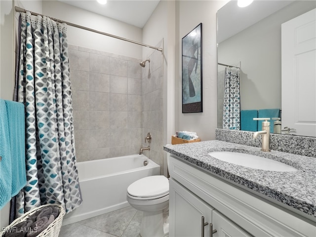 full bathroom with vanity, shower / bath combo with shower curtain, toilet, and tile patterned floors