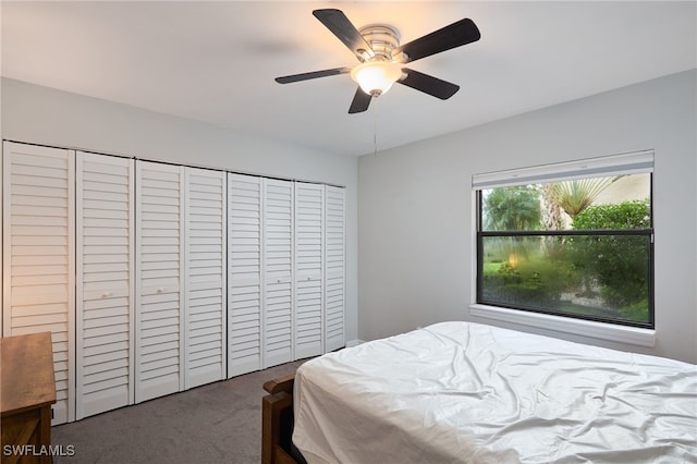 bedroom with carpet, a closet, and ceiling fan