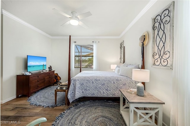 bedroom featuring wood-type flooring, ceiling fan, and crown molding