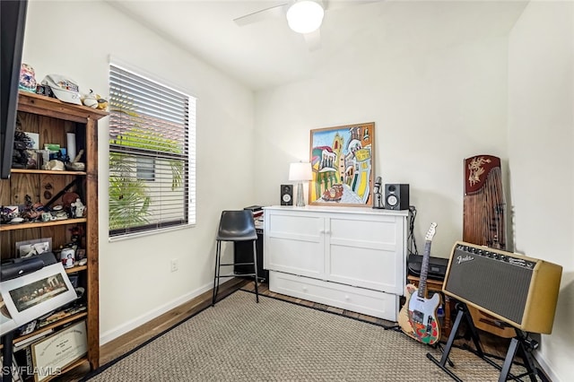 miscellaneous room with wood-type flooring and ceiling fan